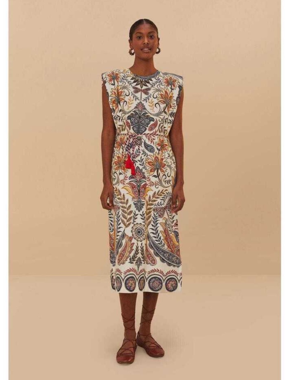 Farm Rio Off-White Boho Glam Midi Dress Floral Sleeveless Tassel Belt Size S‎